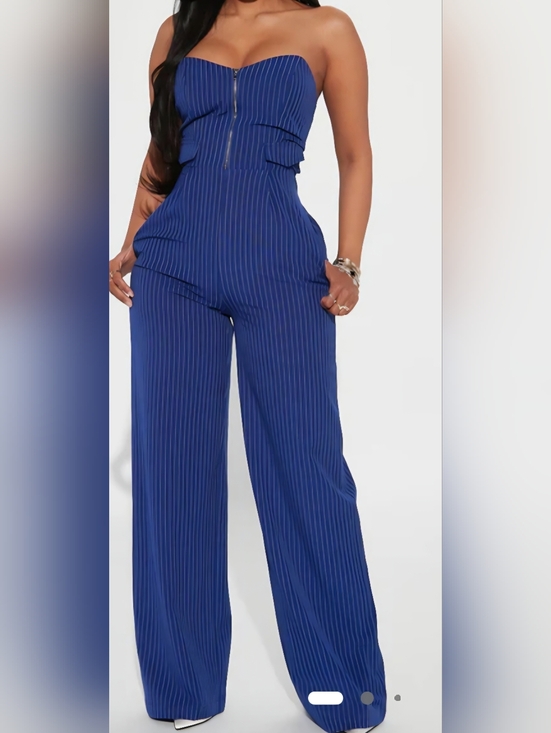Fashion Nova Pants - Fashion Nova Royal Blue Pinstripe Strapless Wide-Leg Jumpsuit